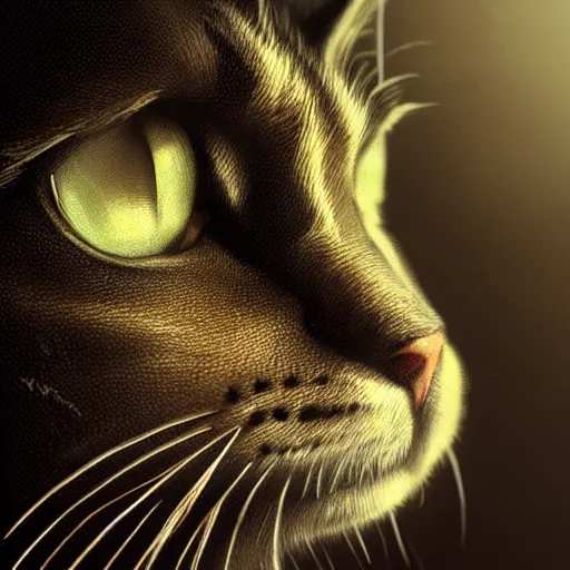 Prompt: close up of a cat's face, dramatic lighting, illustration by Greg rutkowski, yoji shinkawa, 4k, digital art, concept art, trending on artstation