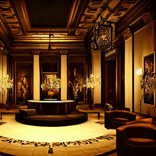 Image similar to upscale mysterious private auction, unnameable relics on display, moody lighting, extravagant details, lobby in the distance, elite