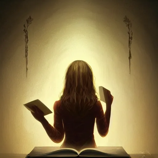 Prompt: mysterious and detailed depiction of a woman reading a book, holding only a book, evokes a sense of wonder, dramatic lighting, digital art, critical detail, sharp focus, a simple textured vector based illustration, cinematic, contrasting colors, atmospheric dreamscape painting, wlop by ( artstation jeremiah ketner and leonardo da vinci and greg rutkowski )