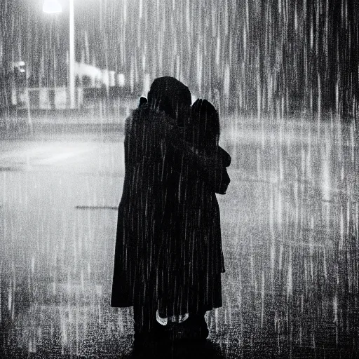 Prompt: an emotional dark picture of two shadowy figures hugging each other, it is raining heavily, 35mm, motion blur
