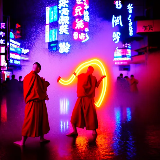 Prompt: cyber monks fight water dance supreme water fist, detailed animal form water, fighting stance energy, shibuya prefecture, cinematic neon uplighting, fog mist smoke, photorealistic, night photography by tomino - sama