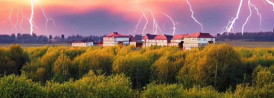 Image similar to view on sleeping district in province russian town at morning sunrise, doomer romantic lightning, squared buildings, trees