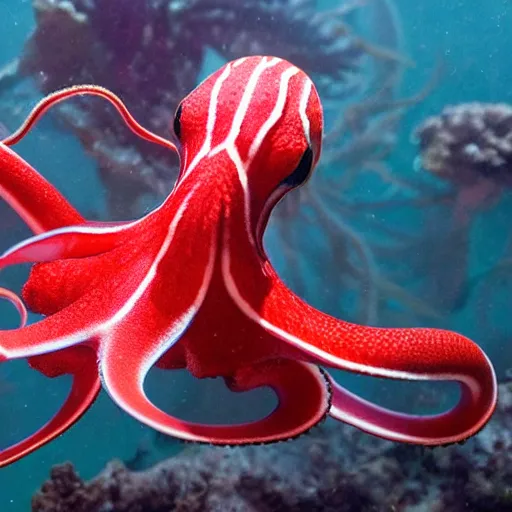 Prompt: wildlife photography, red striped octopus, deep sea, award winning photo