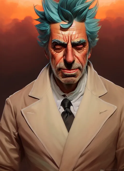 Image similar to ultra realistic illustration, handsome rick sanchez. intricate, highly detailed, digital painting, artstation, concept art, smooth, sharp focus, illustration, art by artgerm and greg rutkowski and alphonse mucha and wlop