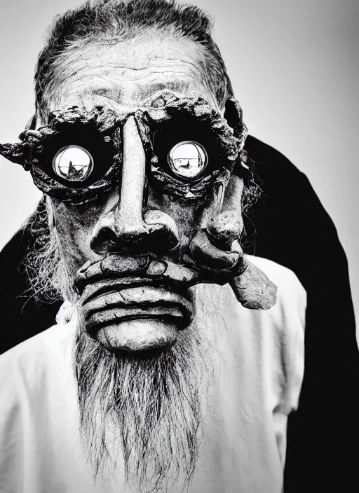 Image similar to A portrait photo of an old cyclope man , high contrast, black and white