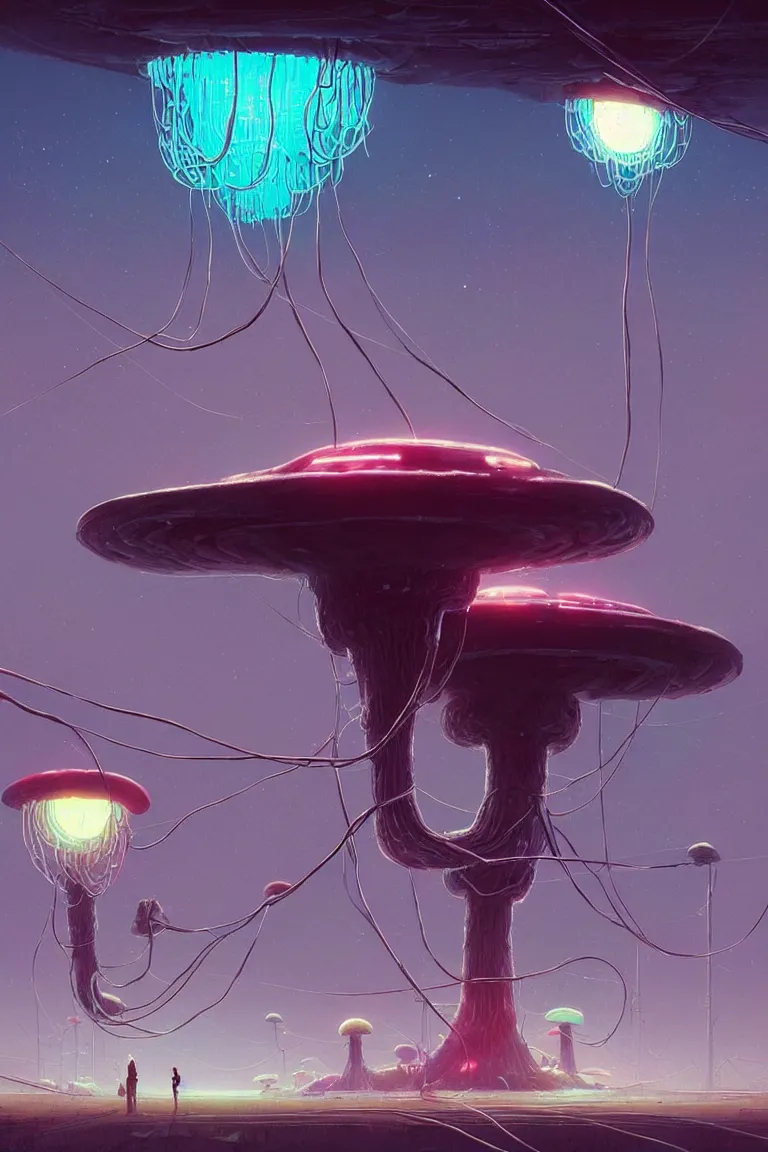 Image similar to mushroom starship with long tendrils, lots of hanging cables and wires, messy cords, sci - fi concept art, by john harris, by simon stalenhag, stunning, award winning