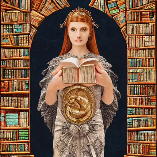 Image similar to 3 d goddess minerva, medium shot portrait. beautiful hyperrealistic intricate highly detailed and richly embroidered with esoteric symbols gown, surrounded by stacks of books bioluminescent, curious, plasma, 4 k surrealism