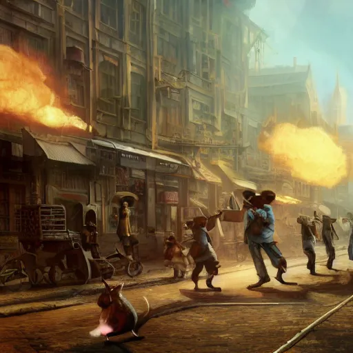 Image similar to oil painting of many hamsters, berets, guns, rocket launchers, close shot, medium shot, steampunk clothes, steampunk city background, sharp focus, fantasy style, octane render, volumetric lighting, 8k high definition, by greg rutkowski, highly detailed, trending on art Station, explosions, centered