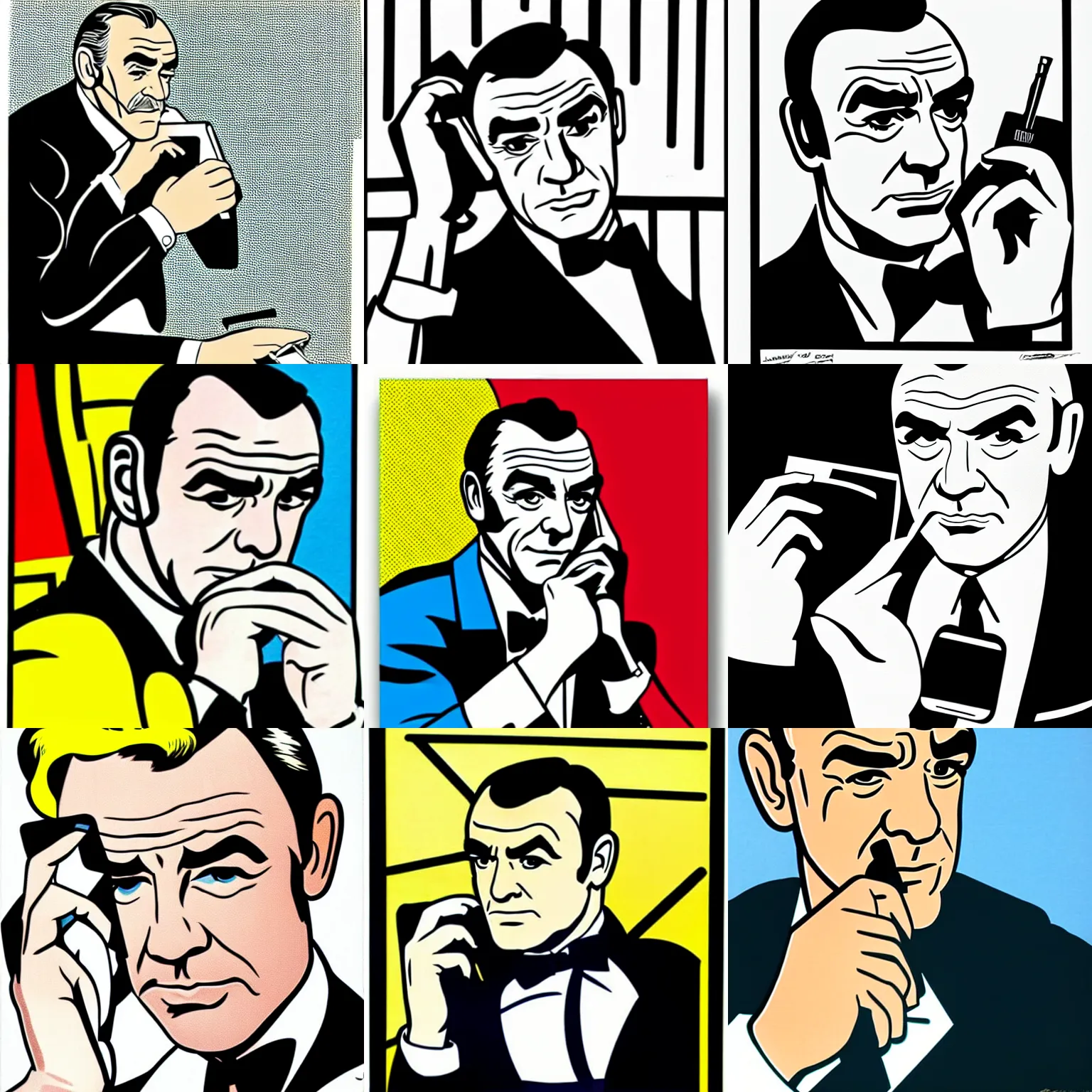 Prompt: Sean Connery as James bond on the phone by Roy Lichtenstein