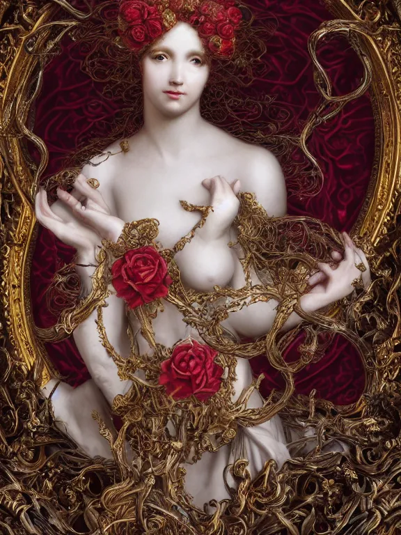 Image similar to a beautiful render of catholic rococo roses veiled red queen sculpture with symmetry intricate detailed,by Lawrence Alma-Tadema and aaron horkey and NekroXIII and Billelis and peter gric,Trending on artstation,ZBrush,maximalist,glittering,gold,silver,ivory,hyperreal,golden ratio,cinematic lighting