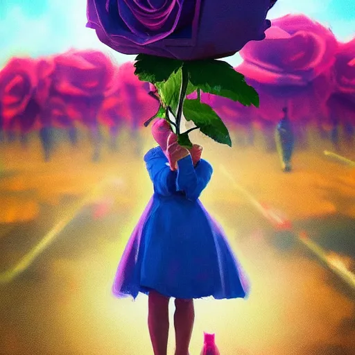 Prompt: portrait, giant rose flower head, girl dancing in a suit, surreal photography, sunrise, blue sky, dramatic light, impressionist painting, digital painting, artstation, simon stalenhag