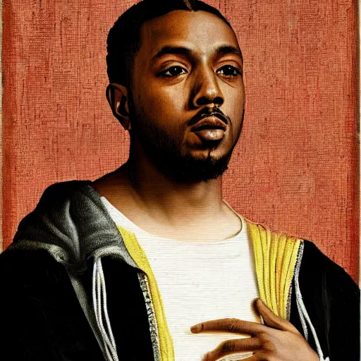 Image similar to a renaissance style portrait painting of kendrick lamar