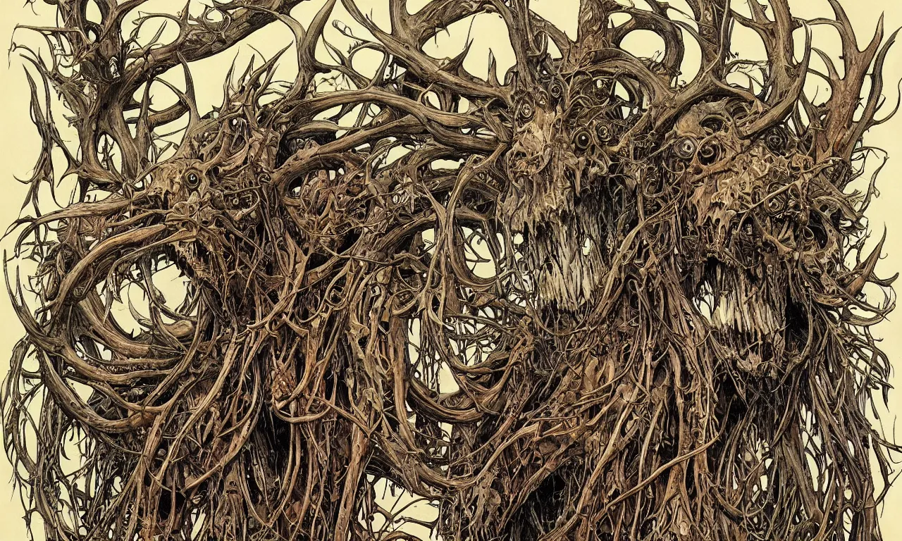 Image similar to hyperdetailed art nouveau portrait of treebeard as a cthulhu eyeball moose skull wendigo cryptid monster, by geof darrow, simon bisley and bill sienkiewicz, grim yet sparkling atmosphere, photorealism, claws, skeleton, antlers, fangs, forest, wild, crazy, horror, lynn varley, lovern kindzierski, steve oliff