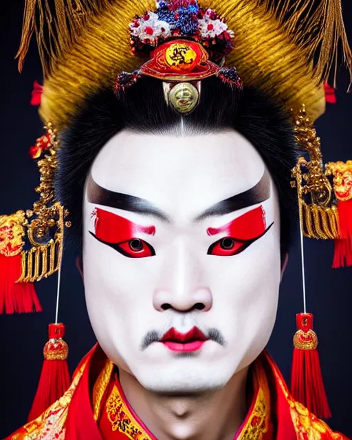 Image similar to photo of a Dramatic Peking Opera male character wearing elaborate makeup and full chinede opera costume in the style of stefan kostic, realistic, sharp focus, symmetric, 8k high definition, insanely detailed, intricate, elegant, art by stanley lau and artgerm, William-Adolphe Bouguereau