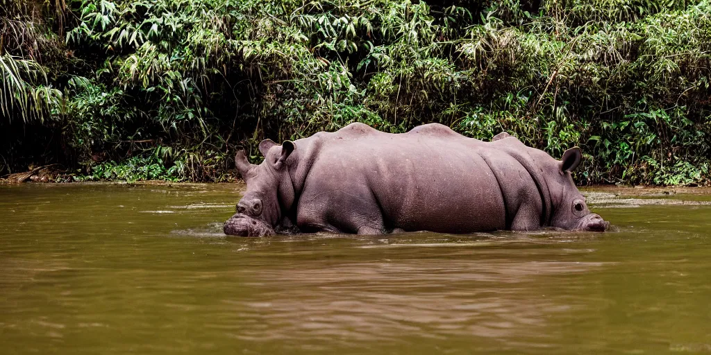 Prompt: a hippo with a rhino horn, in a river in the jungle, extremely high fidelity, natural lighting