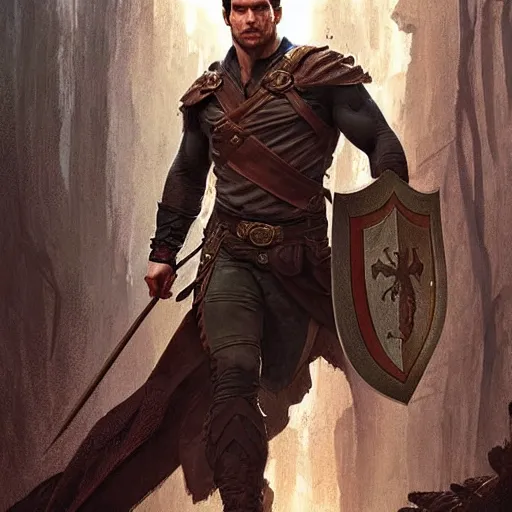 Image similar to Henry Cavill is a rugged ranger, D&D, muscular, fantasy, intricate, elegant, highly detailed, digital painting, artstation, concept art, smooth, sharp focus, illustration, art by artgerm and greg rutkowski and alphonse mucha