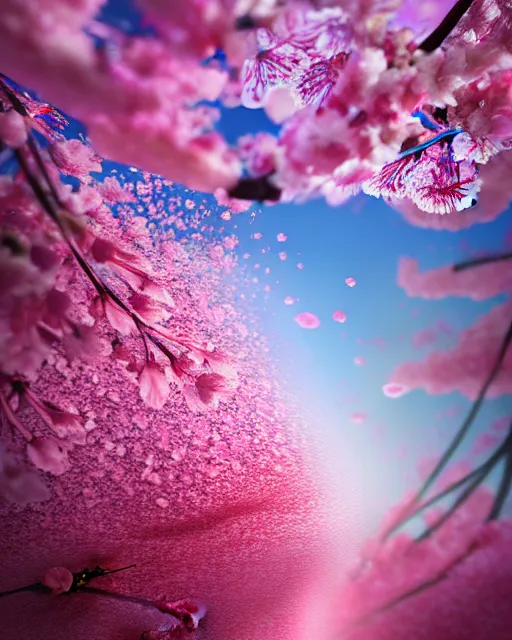 Image similar to hyperrealistic cherry blossoms melting! goo! robert steven connett digital painting hard daylight 8k high angle shallow depth of field