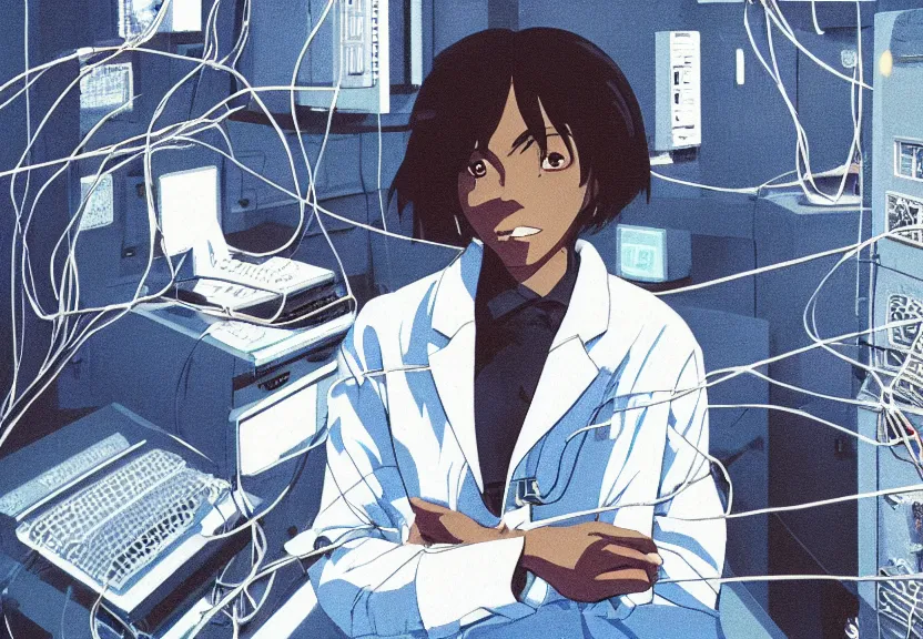 Image similar to dark skin woman wearing a white lab coat with a blue wolf haircut, body connected to wires and connected to 1 9 8 0 s computers, painted by yoshitoshi abe and makoto shinkai, in the style of serial experiments lain, dynamic lighting, dark ambience, 3 5 mm, cell - shaded, detailed face, retro