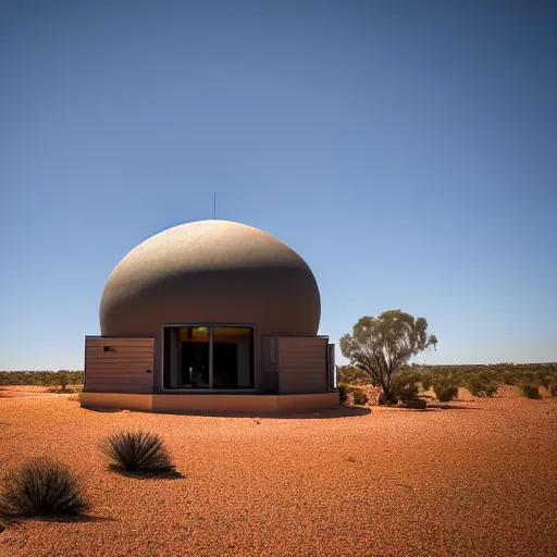 Prompt: robot with giant extrusion nozzle printing a domed house in the australian desert, XF IQ4, 150MP, 50mm, F1.4, ISO 200, 1/160s, dawn