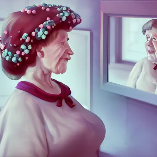 Image similar to of a very funny scene. ambient occlusion render. a sweet fat old woman is in kissing her reflection. flowery dress. mirror. symmetrical face, red mouth, blue eyes. deep focus, lovely scene. ambient occlusion render. concept art. unreal engine.