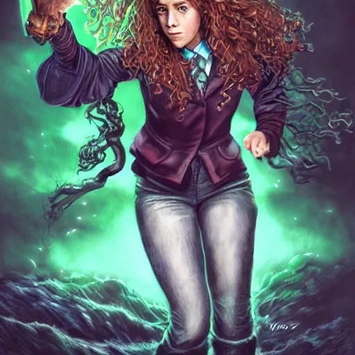 Image similar to full body portrait of hermione granger ( from harry potter ) as a dark hot witch, concept art, green magic, hyper detailed, art station, fantasy art, illustration, dark lighting by mark brooks