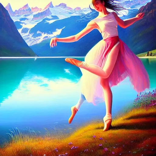 Image similar to a painting of a young woman dancing in front of a beautiful lake in switzerland, mountains on the background, high quality oil painting artstyle, feminine, delicate, hyperdetailed, in the style of artgerm, deviantart, figurative art, deviantart, ilya kuvshinov, lovecraftian