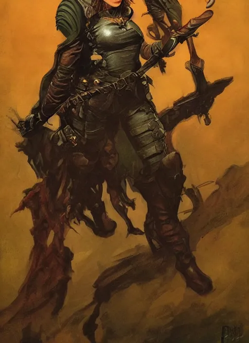 Image similar to portrait of strong female ranger, beautiful! coherent! dungeons and dragons character, by frank frazetta, by brom, strong line, deep color, leather armor, short buzzed hair, high contrast