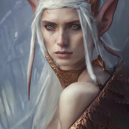 Image similar to A detailed oil portrait of an elf woman with small horns of copper and copper dragon scales covering her arm and neck wearing a simple white robe, by greg rutkowski, trending on artstation, dungeon and dragons art