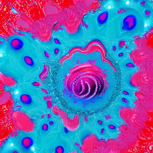 Image similar to raspberry, blueberry, vanilla smoothie explosion, intricate complexity, inverted neon red white and blue drip paint, psychedelic glitch art, trending on art station, photoreal, 8 k, octane render