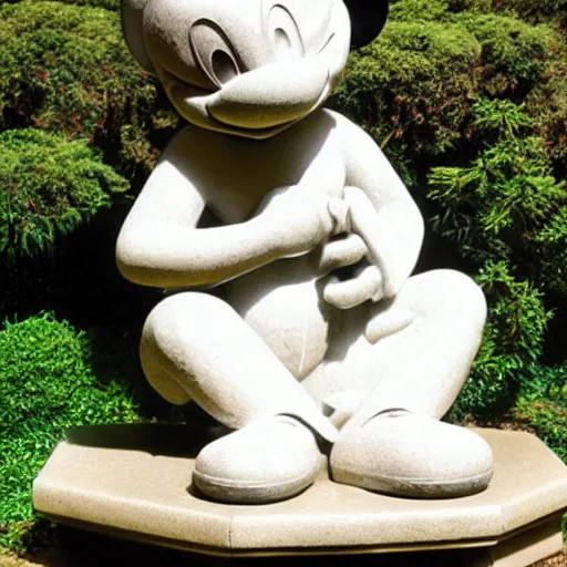 Prompt: marble statue of mickey mouse meditating in a rococo japanese garden
