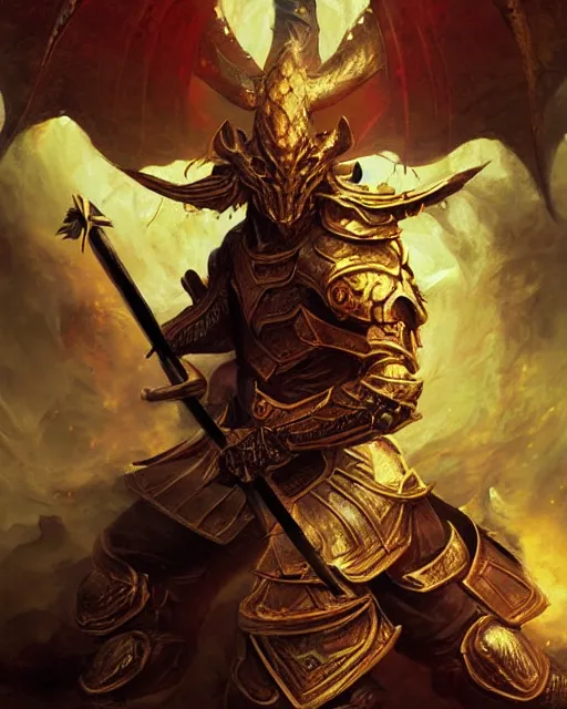 Prompt: Golden Dragonborn Samurai. Award winning oil painting by, ross tran, Thomas Cole and Wayne Barlowe. Highly detailed