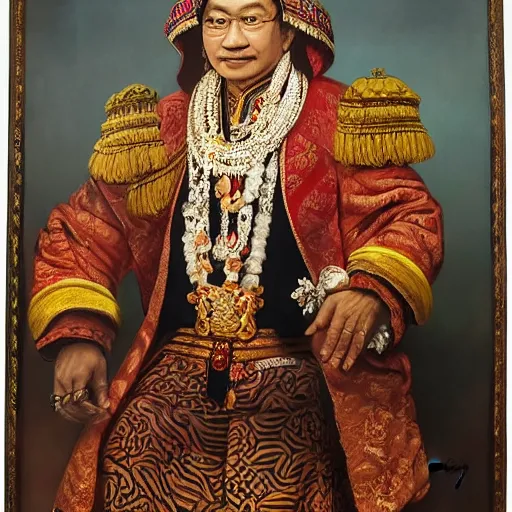 Image similar to sri sultan hamengkubuwono ix with blangkon and batik portrait, detailed, arstation 8 k, art by raden saleh, banksy, basuki abdullah