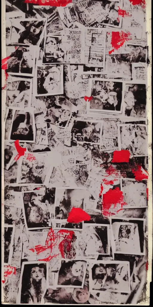 Prompt: analog photograph polaroid of notebook pages, scrapbook, photos and text, scribbles, scary, diy, zine, serial killer writing, black ink, red color bleed, pinup photos, film grain, composition