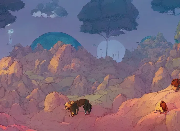 Prompt: concept art of a puppy landscape made of puppies, cel shaded, in the style of makoto shinkai and moebius and peter mohrbacher and anton fadeev