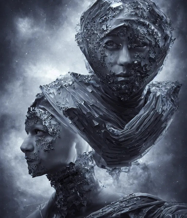 Image similar to impressive ominous front!! shot photo of a court jester character fine portrait fine portrait mesmerizing fractal hyper cubes platinum cracked dark future hyper dimensional space galactic crystal nebula edges elegant detailed intricate concept artstation sharp focus ray tracing cinematic masterpiece temporal corruption beeple wlop germ 8 4 k scifi glossy hyper realistic illustration canon eos r 3 fujifilm x - t 3 0 sony alpha a 6 6 0 0