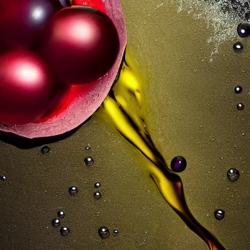 Prompt: A red grape swimming in olive oil, bubbles, photo-realistic, culinary picture, award winning photograph, 4k