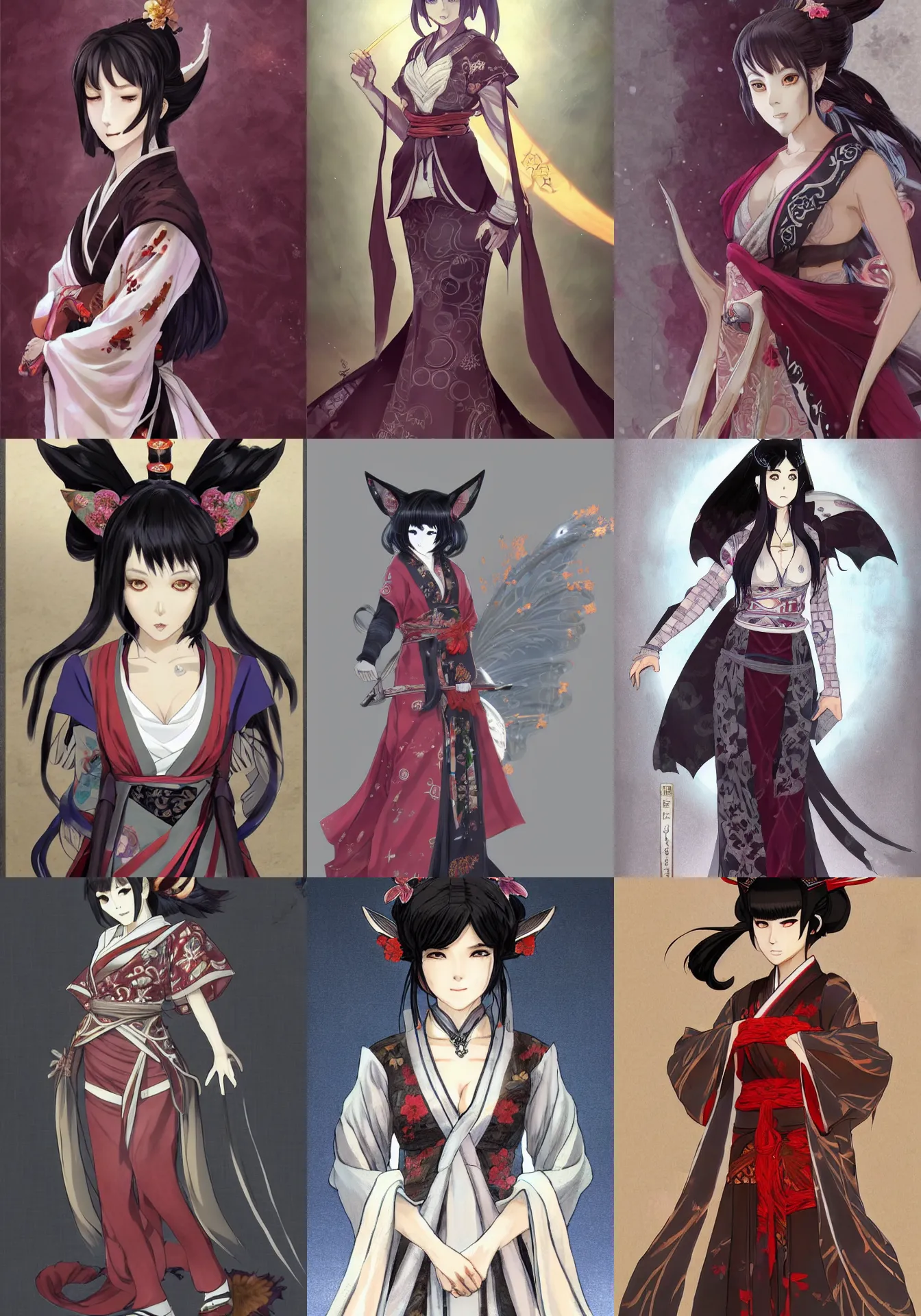 Prompt: A anime full-body portrait of Ssunbiki as a beautiful older kitsune woman with dark hime cut hair wearing a kimono from Skyrim, by Stanley Artgerm Lau, WLOP, Rossdraws, James Jean, Andrei Riabovitchev, Marc Simonetti, and Sakimichan, trending on artstation, cinematic character concept art