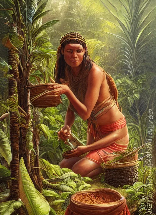 Prompt: a close up portrait of a beautiful indigenous preparing plants medicines in the jungle, highly detailed, art by christophe vacher