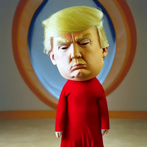 Prompt: donald trump as an inflatable doll in a red dress, film still, curved body, high quality, 8 k