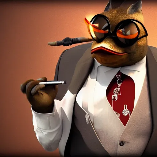 Image similar to a high quality photo of an antropomorphic mafia frog wearing a suit smoking a cigar, 3d scene, render, ultra realistic, artstation, cgsociety