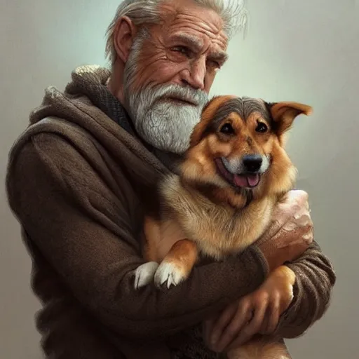 Image similar to portrait of a old, ruggedly handsome man holding a corgi dog, soft hair, muscular, half body, cloth, hairy, d & d, fantasy, intricate, elegant, highly detailed, digital painting, artstation, concept art, smooth, sharp focus, illustration, art by artgerm and greg rutkowski and alphonse mucha