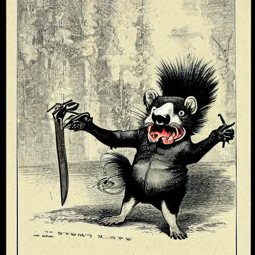 Prompt: a threatening skunk wielding a switchblade. Detailed 1865 Illustration by John Tenniel.