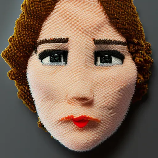 Prompt: jennifer lawrence made of yarn, crocheted caricature of jennifer lawrence, photorealistic, trending on artstation