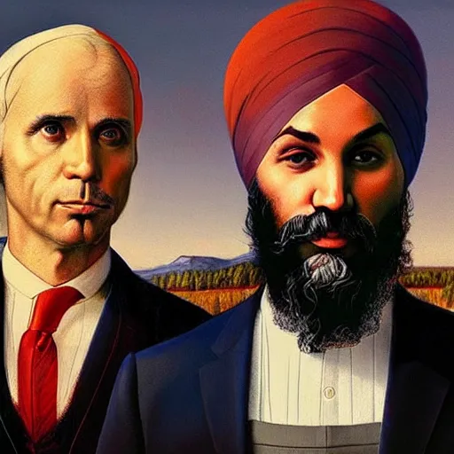 Image similar to Justin Trudeau beside Jagmeet Singh, pictured in the american gothic painting, concept art, sharp focus, highly detailed digital painting by Grant Wood, artstation