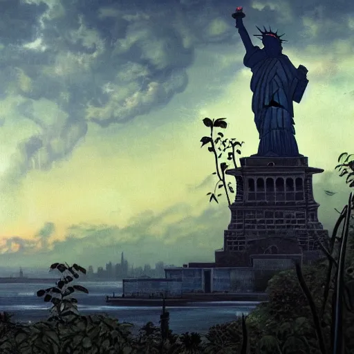 Image similar to close up of statue of liberty reclaimed by the jungle , surrounded by tall vines in oversized misty jungle, dramatic sunset and dramatic sky , very detailed oil painting by frazetta, low angle, postapocalyptic panorama.asthetics !