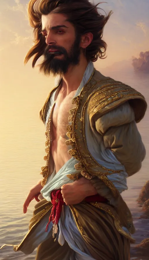 Image similar to elegant corsaire full body portrait, stern look, late xix century commodore vest, wild ocean background, intricate, highly detailed, digital painting, artstation, concept art, sharp focus, illustration, art by Artgerm, Grafit Studio, and Greg Rutkowski, Craig Mullins, Makoto Shinkai, Stanley Artgerm Lau, WLOP, Rossdraws, James Jean, Andrei Riabovitchev, Marc Simonetti, krenz cushart, Sakimichan, D&D trending on ArtStation, digital art - W 640