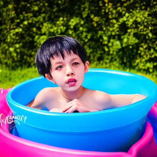 Image similar to grim reaper lying inside a kiddie pool, very detailed, very realistic, photograph, photoshoot, 5 0 mm, canon, nikon, zeiss lens, editorial, perfect composition, perfect lighting, 4 k