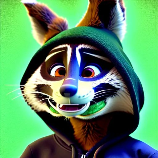 Image similar to a relaxed stoner with a black hoodie on with a marijuana themed dark green raccoon head from zootopia, wearing beanie, smoking, 3 d, blender 3 d, render, extremely detailed, 8 k, detailed fur