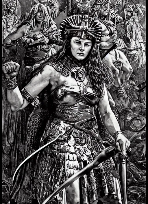 Prompt: warrior queen boudica, pulp art painting in a mixed style of mort kunstler and maxfield parrish, intricate, hyper detailed, stunning inking lines, 4 k, hd, award winning, photorealistic