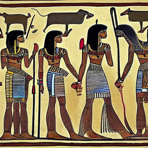 Image similar to egyptian peaceful by aquirax uno. a beautiful drawing of a group of creatures that looks like a mix of different animals. most of the creatures have human - like features, such as arms & legs, & some are standing upright while others are crawling or flying.